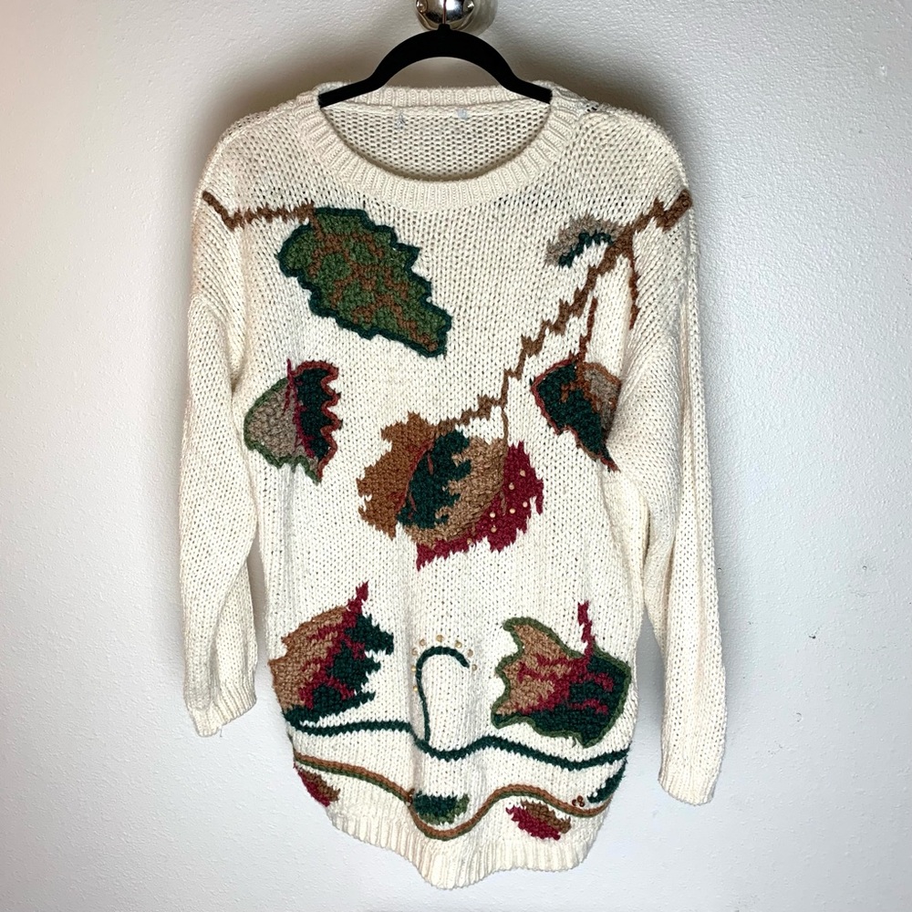 Vintage Segerman International leaf cream brown green sweater shirt
